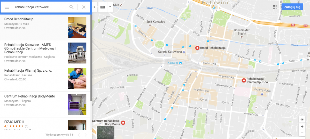 Благодаря им можно выполнять поиск в Картах Google не только по конкретным адресам (город, улица, номер), но и по ключевым словам (например, «реабилитация Краков» или «вегетарианский бар Катовице»)