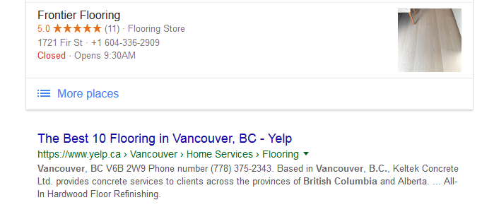 Если вы гуглите «напольные покрытия компании Vancouver bc»;  Визг будет первым результатом поиска
