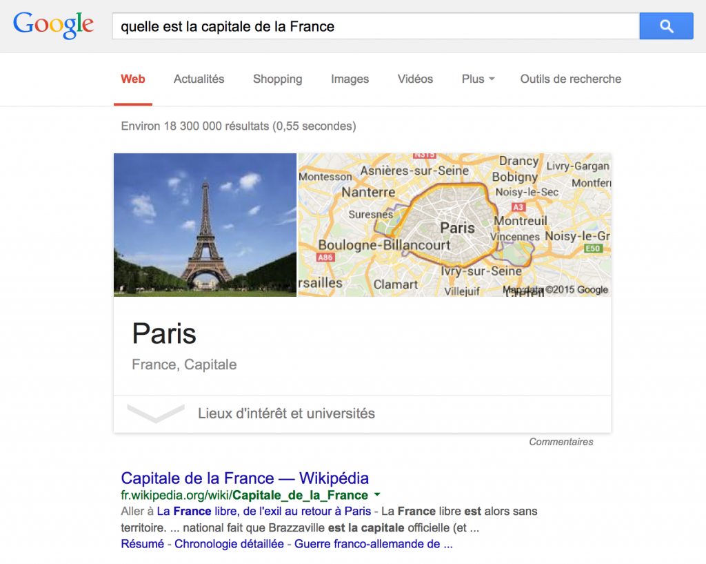 Если вы спросите его, что является столицей Франции, он ответит «Париж», и вам не придется нажимать на результаты его индекса