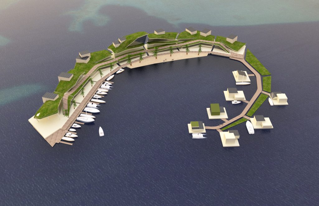 Плавающие мега-структуры вдоль берега также могут быть построены таким образом, чтобы они служили волнорезом и, следовательно, оказывали положительное влияние на объекты и здания на берегу