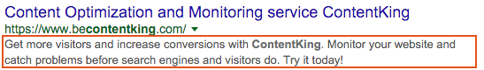 Для страницы доступа к ContentKing Google показывает следующее мета-описание: