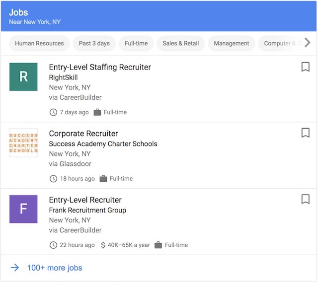 Вот посмотрите, что возвращает поиск «recruiter jobs nyc»