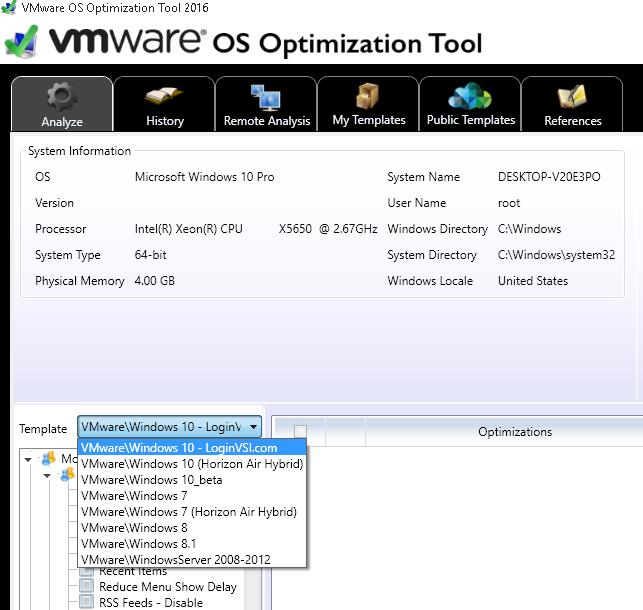 Uruchom narzędzie VMware OS Optimization Tool i wybierz VMWare Windows 10 z listy szablonów