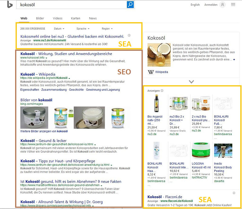 Poniższy rysunek ilustruje różnicę między SEA a SEO w wynikach wyszukiwania Bing: